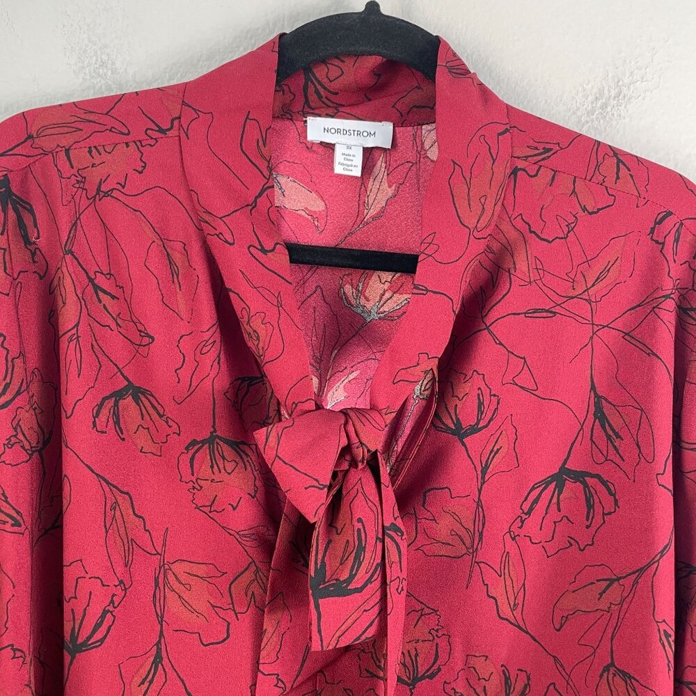 Nordstrom Womens Plus 3X Red Floral Tie Neck Blouse Long Sleeve‎ Shirt Top - Picture 9 of 12